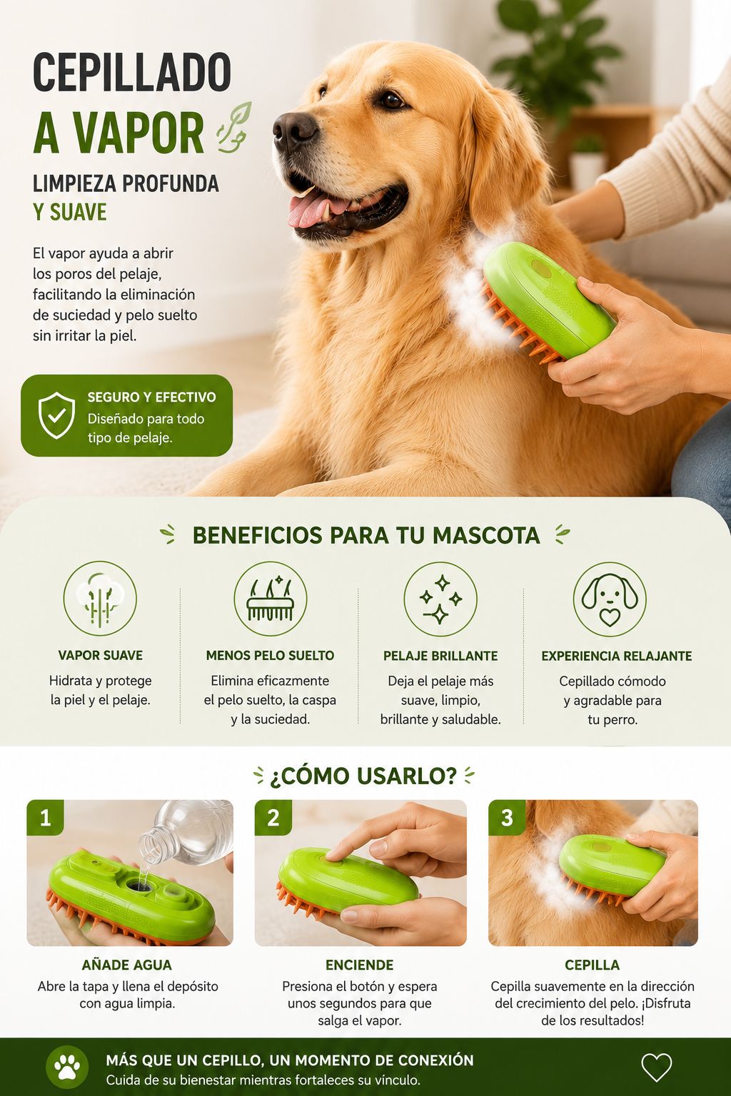 Cepillo de Vapor 3 en 1 para Perros y Gatos